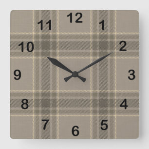 Rustic Farmhouse Beige Grey Plaid Tartan Square Wall Clock