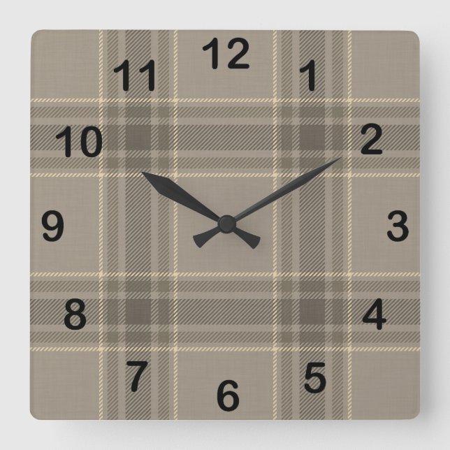 Rustic Farmhouse Beige Grey Plaid Tartan Square Wall Clock (Front)