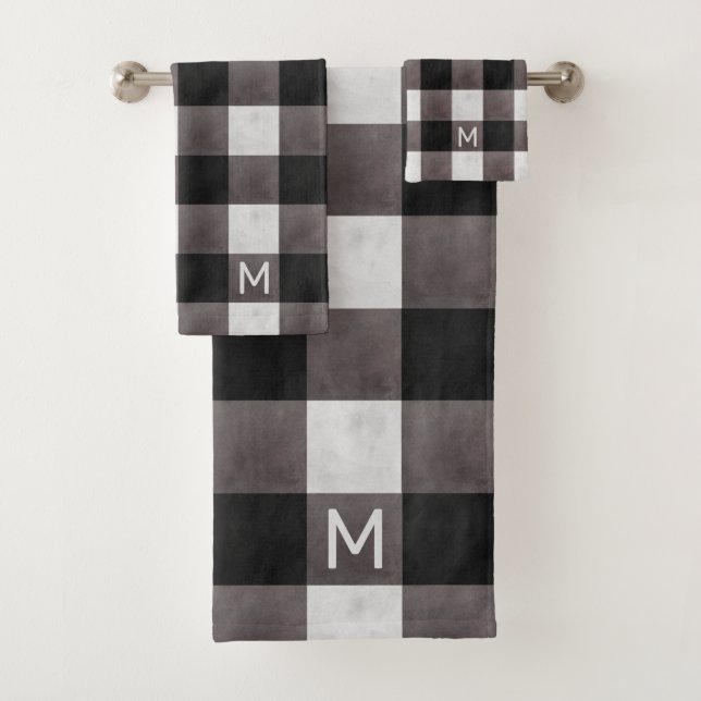 Rustic Farmhouse Black Buffalo Check with monogram Bath Towel Set (Insitu)