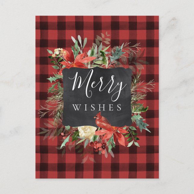 Rustic Farmhouse Black Red Check Plaid Christmas Postcard (Front)
