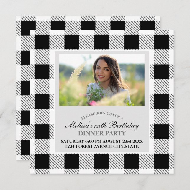 rustic farmhouse black white buffalo plaid party invitation (Front/Back)