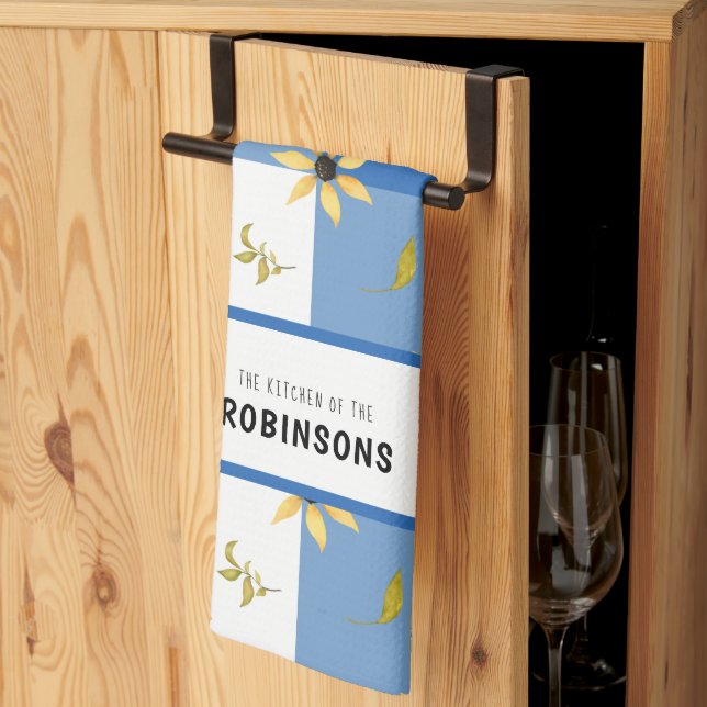 Rustic farmhouse blue gingham floral monogrammed tea towel (Thirds Fold)