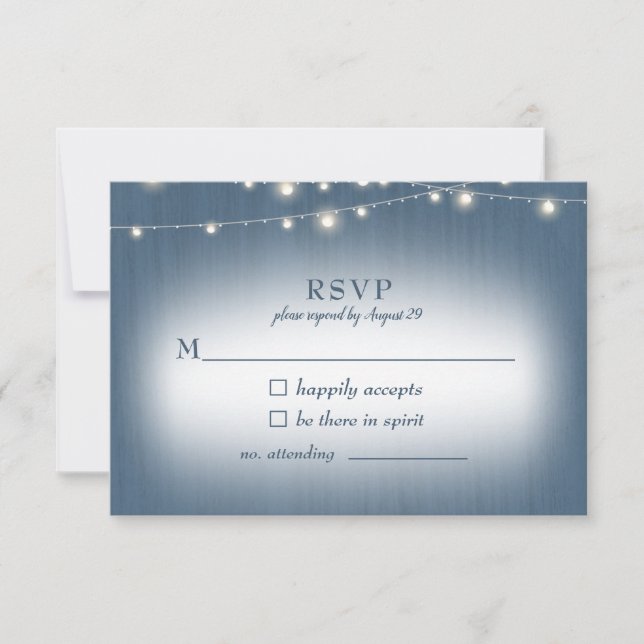 Rustic Farmhouse Blue Lights Wedding RSVP Card (Front)