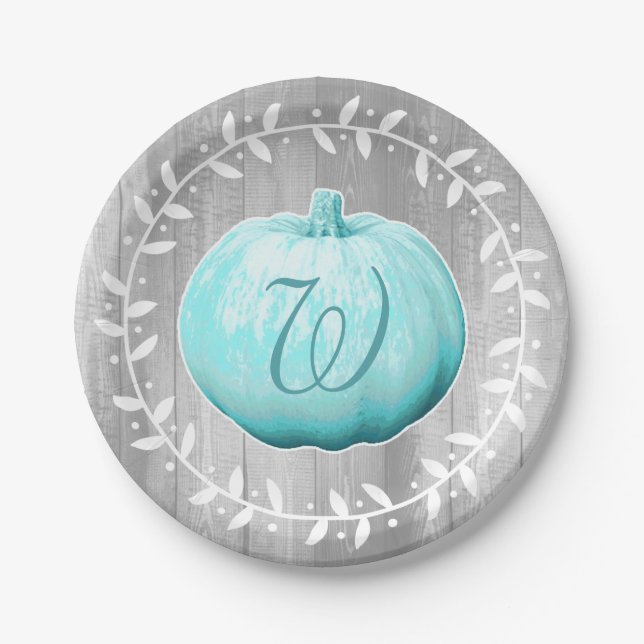 Rustic Farmhouse Blue Pumpkin & Wreath Paper Plate (Front)