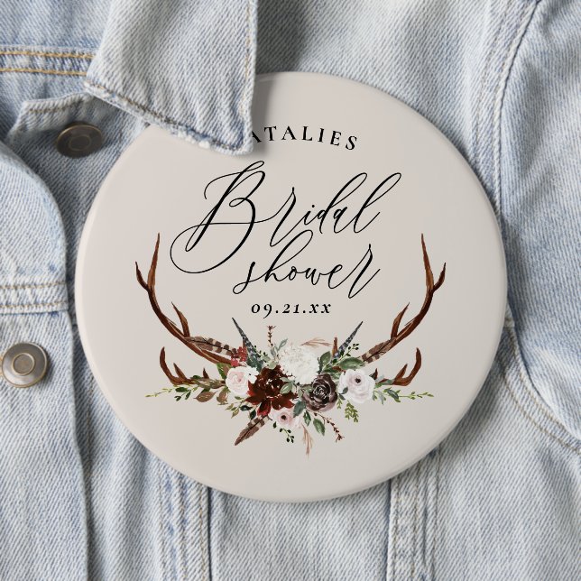 Rustic farmhouse botanical script bridal shower bu 6 cm round badge (In Situ)