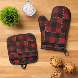 Rustic Farmhouse Buffalo Plaid Custom Christmas  Oven Mitt & Pot Holder Set
