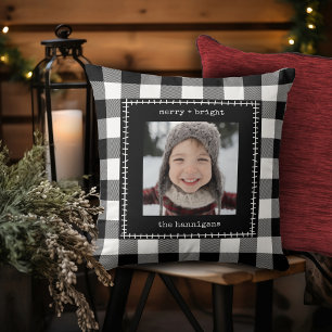 Rustic Farmhouse Buffalo Plaid Family Photo Cushion