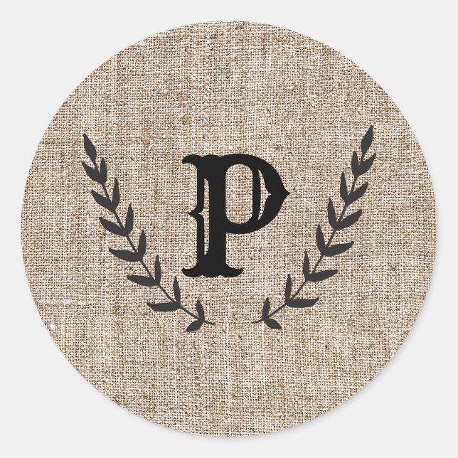 Rustic Farmhouse Burlap & Black Botanical Laurel Classic Round Sticker (Front)