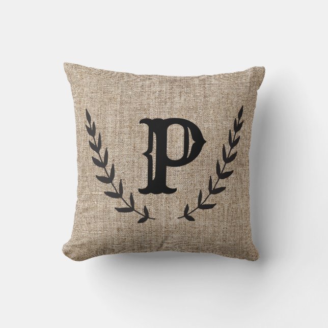 Rustic Farmhouse Burlap & Black Botanical Laurel Cushion (Front)