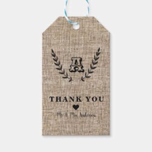 Rustic Farmhouse Burlap & Black Botanical Laurel Gift Tags