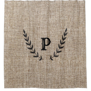 Rustic Farmhouse Burlap & Black Botanical Laurel Shower Curtain