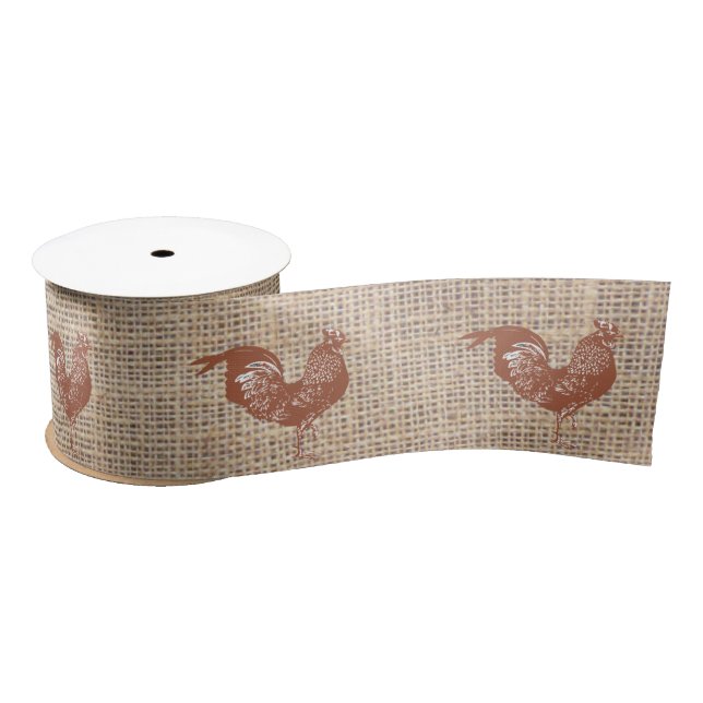 Rustic Farmhouse Burlap Chicken Pattern   Satin Ribbon (Spool)