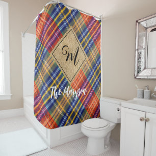 Rustic Farmhouse Burlap Plaid Name Monogrammed Shower Curtain