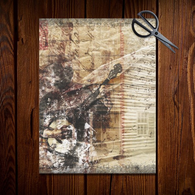 Rustic Farmhouse Cabin Banjo Player Decoupage Tissue Paper (Creator Uploaded)
