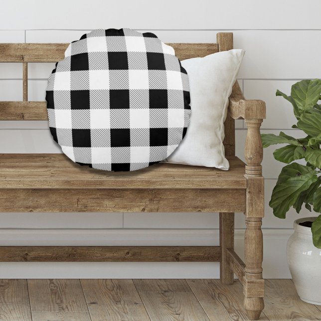 rustic farmhouse chic black and white plaid round cushion (rustic farmhouse chic black and white plaid round pillow)