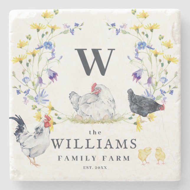Rustic Farmhouse Chicken | Family Name Monogram Stone Coaster (Front)