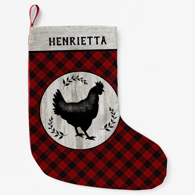 Rustic Farmhouse Chicken Hen Buffalo Plaid Name Small Christmas Stocking (Front)