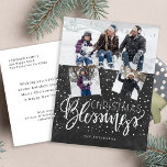 Rustic farmhouse Christmas blessings 3 photos Holi Holiday Postcard<br><div class="desc">Family seasonal holiday greetings 3 photo collage postcard on a dark grey charcoal chalkboard background with falling snow and "Christmas Blessings" white chic calligraphy script.        Easy to personalise with your photos and text on both sides!</div>