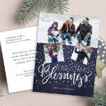 Rustic farmhouse Christmas blessings 3 photos navy Holiday Postcard<br><div class="desc">Family seasonal holiday greetings 3 photo collage postcard on a dark midnight navy blue chalkboard background with falling snow and "Christmas Blessings" white chic calligraphy script.        Easy to personalise with your photos and text on both sides!</div>