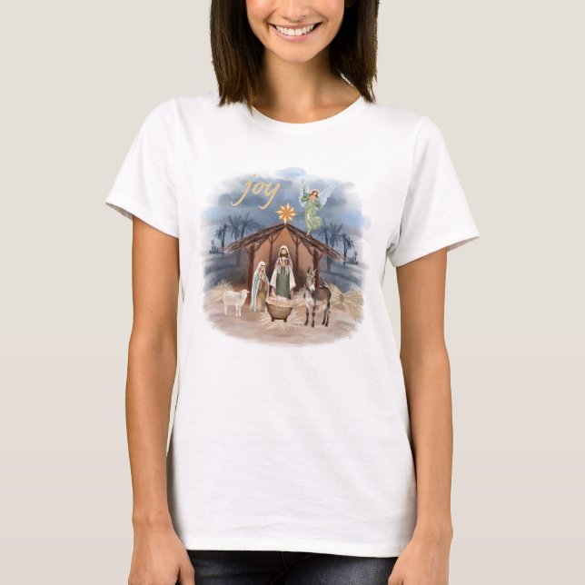 Rustic Farmhouse Christmas Joy Nativity T-Shirt (Front)