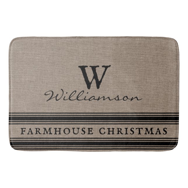 Rustic Farmhouse Christmas Ticking Burlap Monogram Bath Mat (Front)