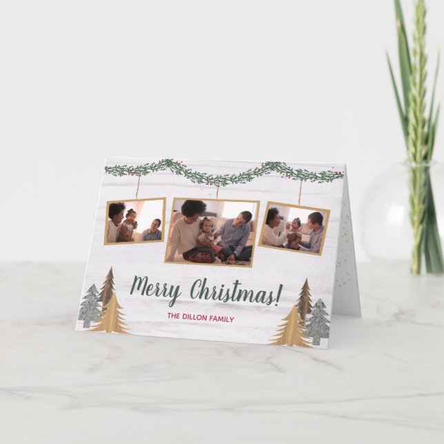 Rustic Farmhouse Christmas Trees 3-Photo Folded Holiday Card (Front)