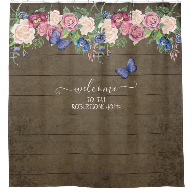 Rustic Farmhouse Country Floral Wood Family Name Shower Curtain (Front)
