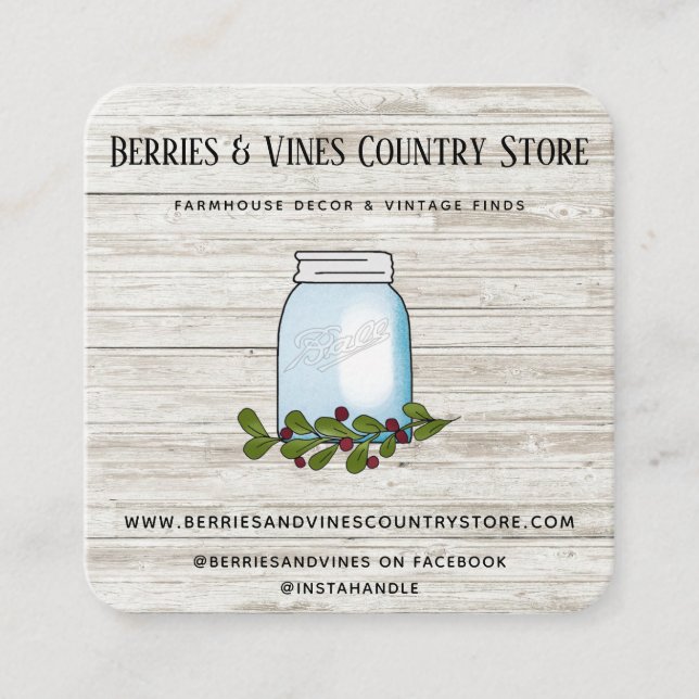 Rustic Farmhouse Country Mason Jar Wood  Square Bu Square Business Card (Front)