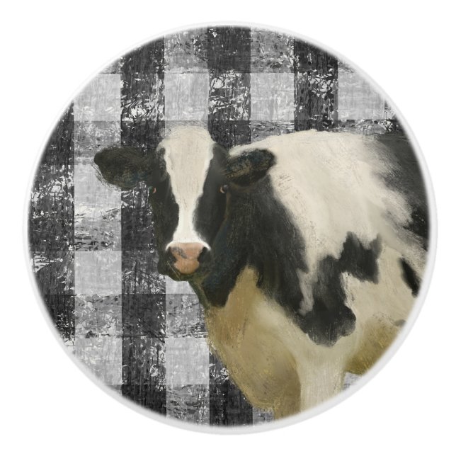 Rustic Farmhouse Cow Black n White Gingham Check Ceramic Knob (Front)