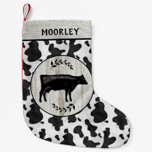 Rustic Farmhouse Cow Cowhide Wood Custom Name Small Christmas Stocking