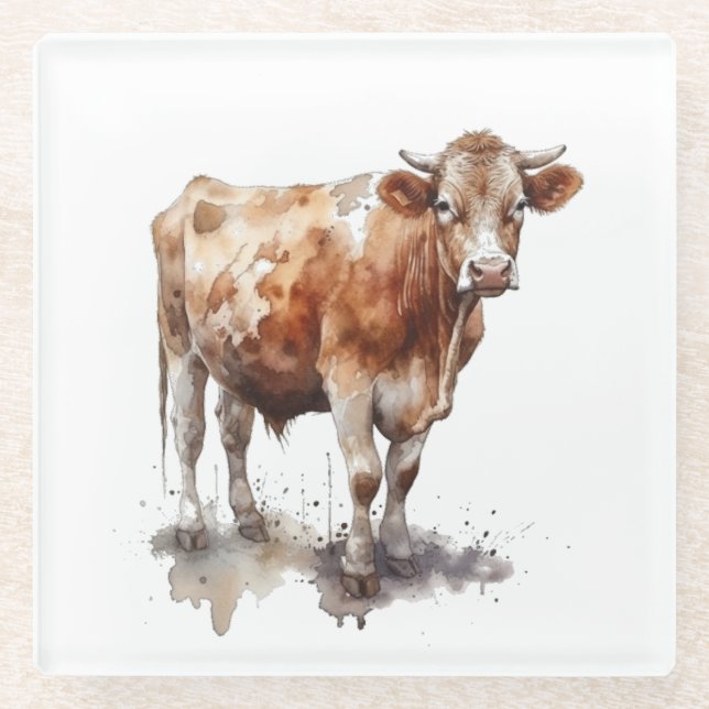 Rustic Farmhouse Cow Portrait  Glass Coaster (Front)