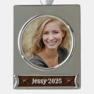 Rustic Farmhouse Cowboy Western Country Star Photo Silver Plated Banner Ornament