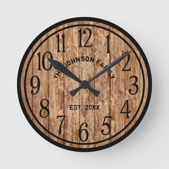 Rustic Farmhouse Dark Wood Family Name Round Clock (Front)