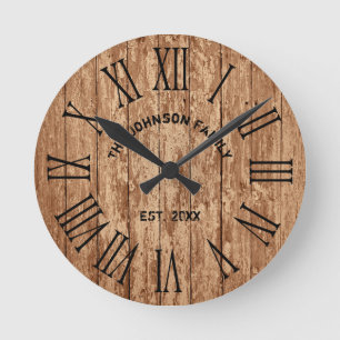 Rustic Farmhouse Dark Wood Famliy Name Round Clock
