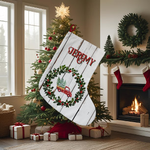 Rustic Farmhouse Distressed Wood Red Truck Large Christmas Stocking