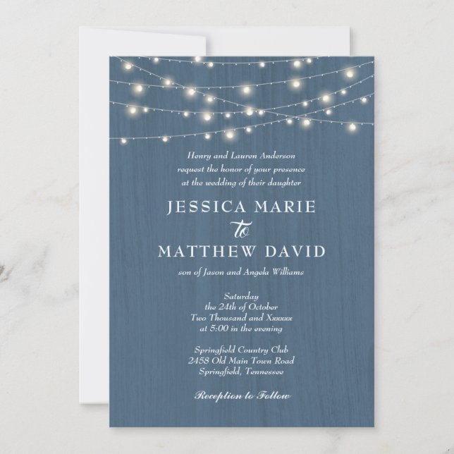 Rustic Farmhouse Dusty Blue Fairy Lights Wedding Invitation (Front)