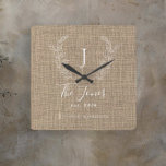 Rustic farmhouse elegant family monogrammed square wall clock<br><div class="desc">Personalised family vintage classic white monogram,  name,  and established year chic light brown beige and white rustic country farmhouse style burlap wall clock.         A modern keepsake gift for weddings,  anniversaries,  housewarmings,  Thanksgiving,  Christmas,  or any other occasion.</div>