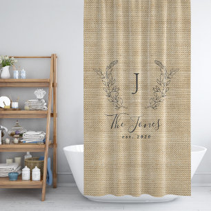 Rustic farmhouse family monogrammed faux burlap shower curtain