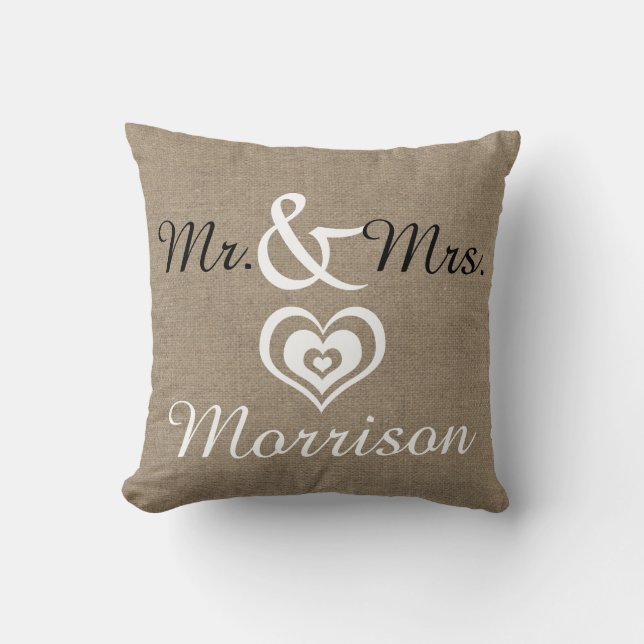 Rustic Farmhouse Faux Burlap Wedding Date Cushion (Front)