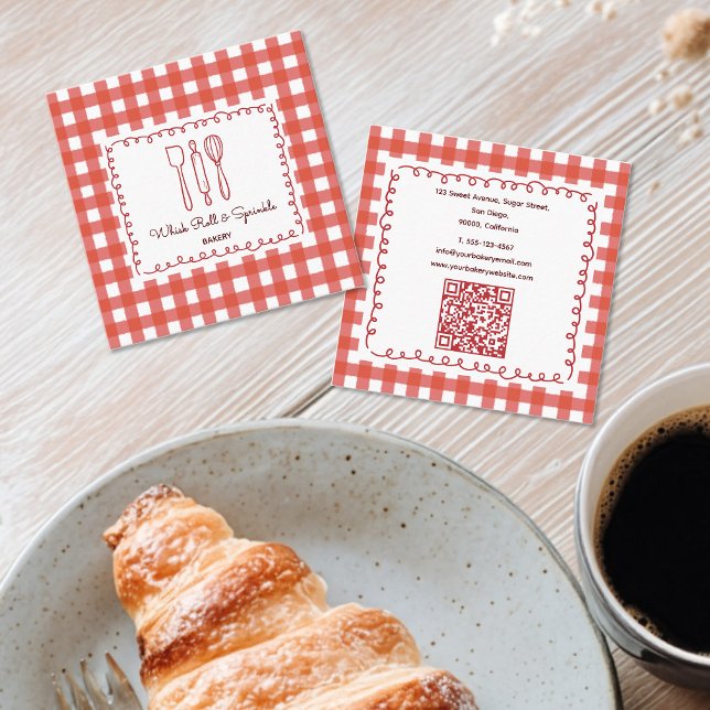 Rustic Farmhouse Gingham Bakery QR Code Square Business Card (Creator Uploaded)