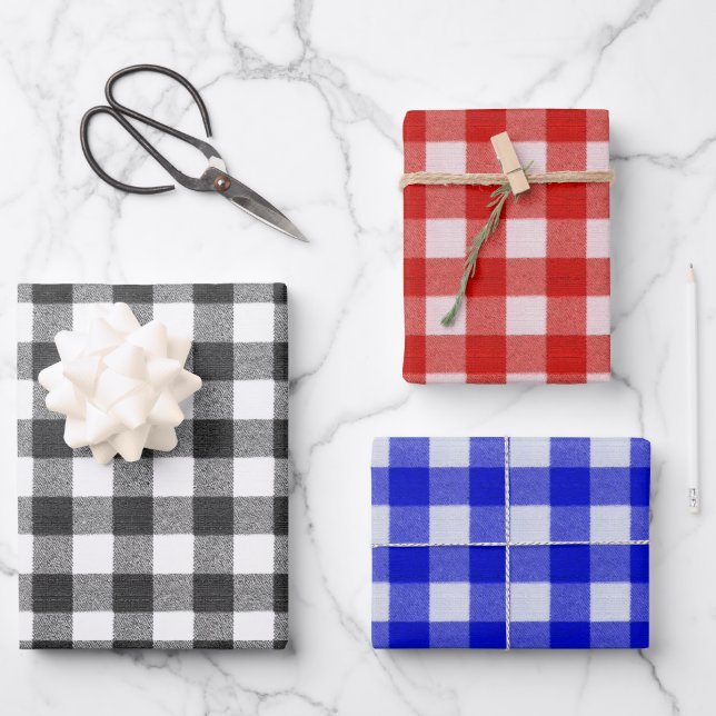 Rustic Farmhouse Gingham Plaid Black Blue Red Wrapping Paper Sheet (Front)