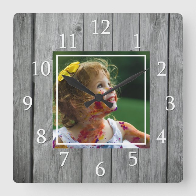 Rustic Farmhouse Gray Wood Custom Photo Square Wall Clock (Front)