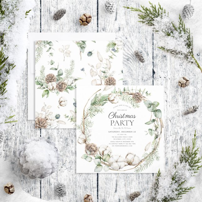 Rustic Farmhouse Greenery Wreath Christmas Party Invitation (Creator Uploaded)