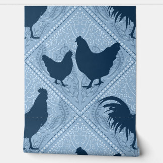 Rustic Farmhouse Hen Pattern – In Blue Wallpaper
