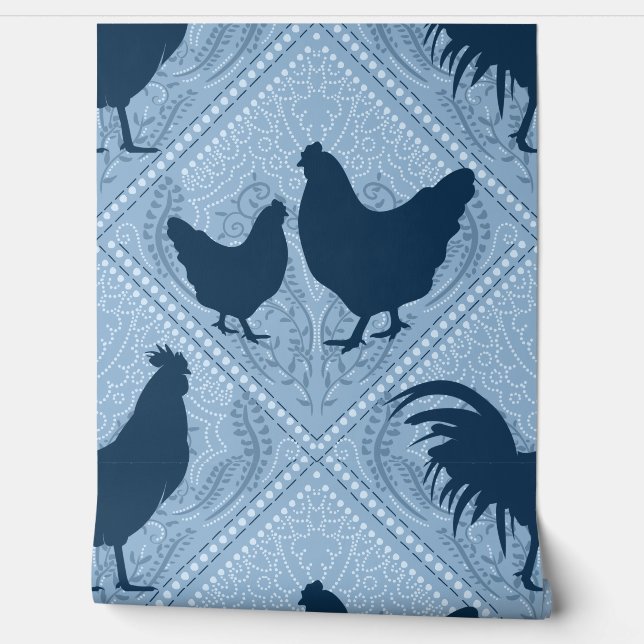 Rustic Farmhouse Hen Pattern – In Blue Wallpaper (Unrolling)