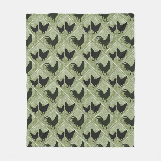 Rustic Farmhouse Hen Pattern – In Green Fleece Blanket (Front)