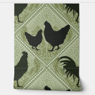 Rustic Farmhouse Hen Pattern – In Green Wallpaper