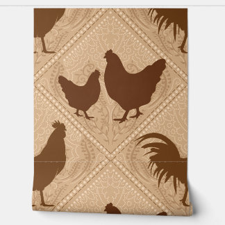 Rustic Farmhouse Hen Pattern – In Warm Brown Wallpaper
