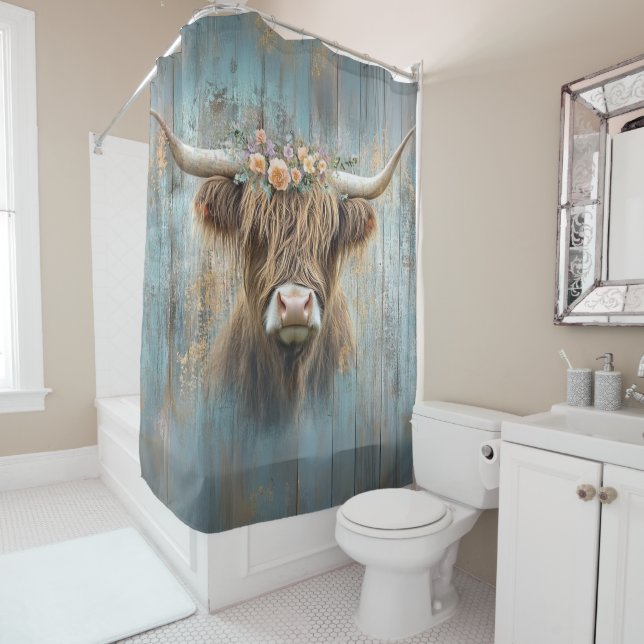 Rustic Farmhouse Highland Cow Floral Crown  Shower Curtain (In Situ)