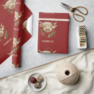Rustic farmhouse Highland Cow with Santa Hat Wrapping Paper